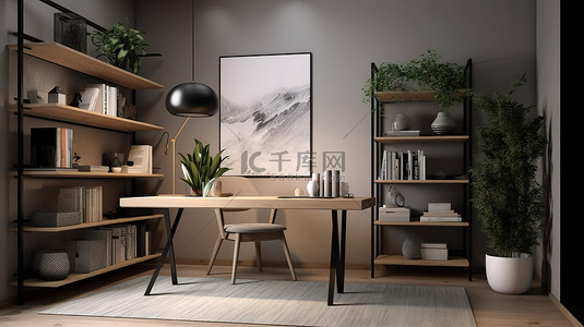 舒适家庭办公室的 3d 插图，配有书桌书架植物框架和装饰椅