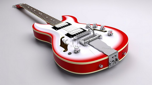 红色和白色的六弦电吉他，带有 3D 渲染的白色隔离背景