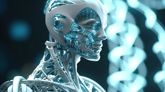 带有 DNA 螺旋的 3D 渲染机器人体现了医疗技术概念