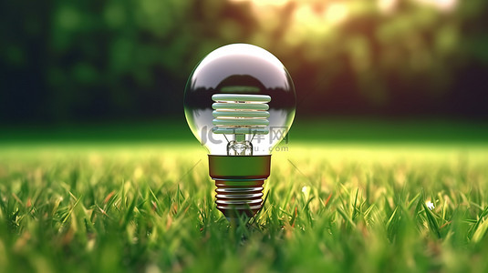 环保能源电池的 3D 渲染和草地上的灯泡由可再生能源供电