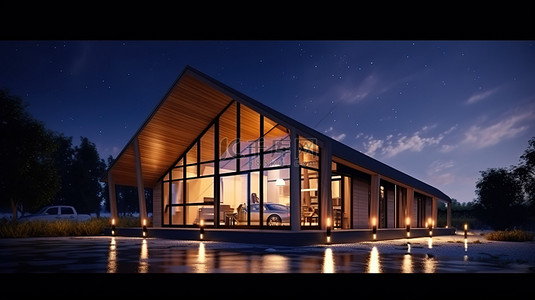 当代木屋建筑的夜间 3D 插图