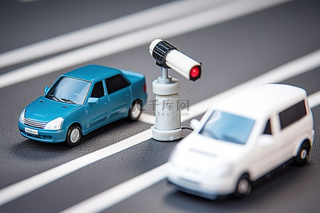 意外旅程背景图片_道路上的玩具车，顶部有安全摄像头