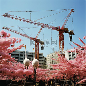 盛开的花背景图片_盛开的樱花树前的起重机和建筑