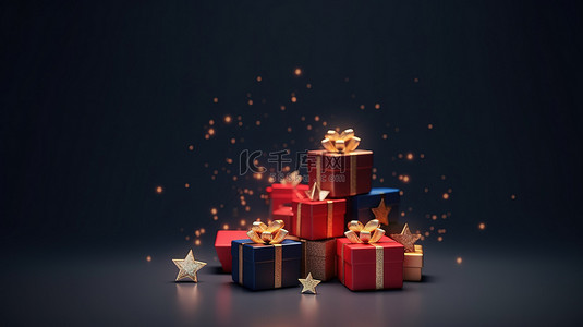 圣诞礼物堆背景图片_圣诞节横幅模板闪亮的星星和一堆 3D 渲染的礼物