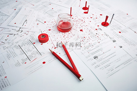 白桌上的红笔，散落着各种纸张