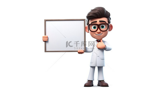医疗专家讲座医生背景图片_手拿空海报的医学专家的卡通风格 3D 插图