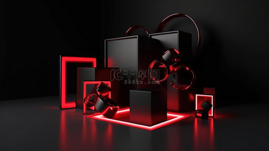 券的背景图片_黑色星期五框架礼品盒和光 3d 渲染商业卡片和背景的红色和黑色颜色概念