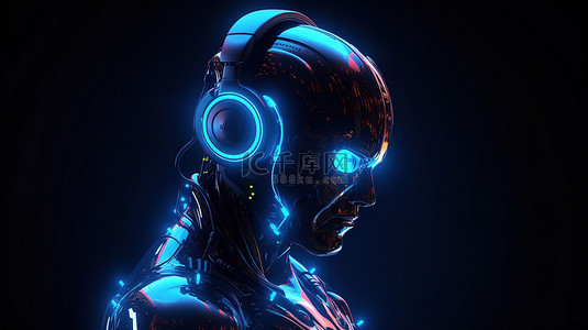发光的霓虹灯环绕着 3D 渲染的机器人或配备耳机和人工智能的机器人