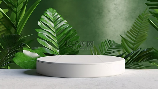 石头和背景图片_优雅的展台，用于展示化妆品，具有白色圆形平台和绿叶背景，白色石头 3D 渲染