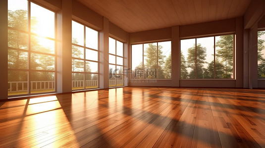 温暖白色背景图片_时尚的 3D 渲染房屋，配有宽敞的玻璃窗和温暖的木地板