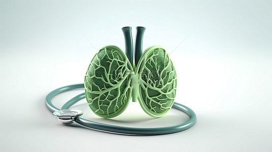 白色背景下形状像肺的绿色听诊器的 3D 渲染