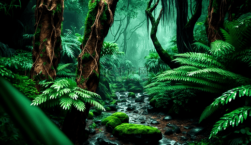 雨中的森林石头雨林丛林绿色自然背景