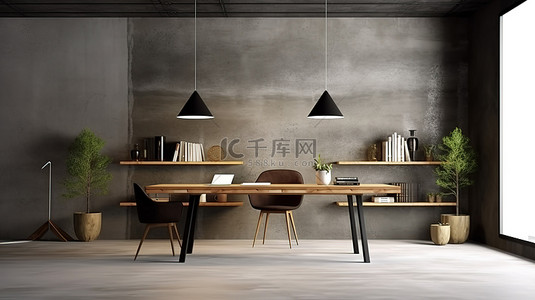 时尚的阁楼会议空间木桌架和混凝土地板上的简约灰色墙壁 3D 渲染