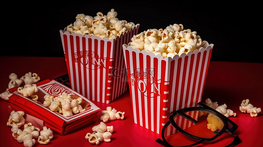 浪漫之夜背景图片_电影之夜浪漫红色条纹盒子，配有爆米花和 3d 眼镜