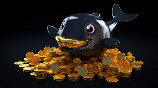 黑色背景下持有比特币的卡通鲸鱼的 3D 插图