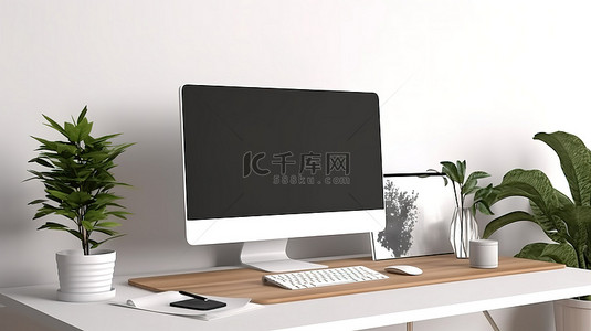 现代台式电脑模型，具有白色壁纸背景和 3D 渲染中的空白屏幕