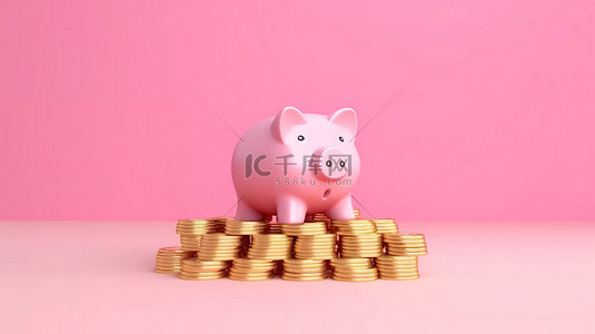粉色背景上有金币的粉色存钱罐，象征着通过 3D 呈现的存款和储蓄实现的财务增长