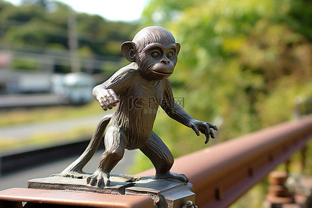 猴子下山背景图片_铁轨旁有一尊有趣的猴子雕像