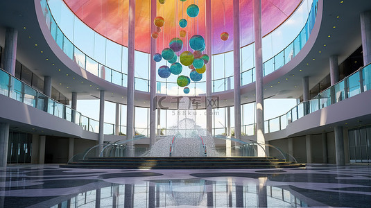 令人惊叹的多层巨型购物中心大厅的 3D 渲染，配有玻璃屋顶喷泉和带有装饰球的彩色玻璃石碑