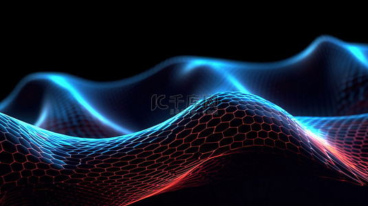 3D 渲染的未来网格波与引人注目的点和线互连