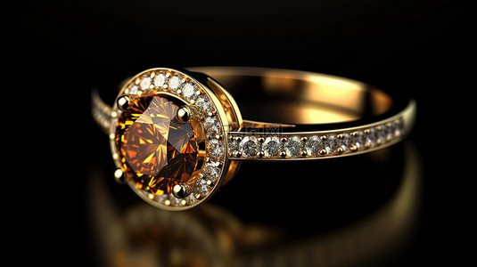 黑色背景下孤立的金琥珀钻石戒指的 3D 渲染