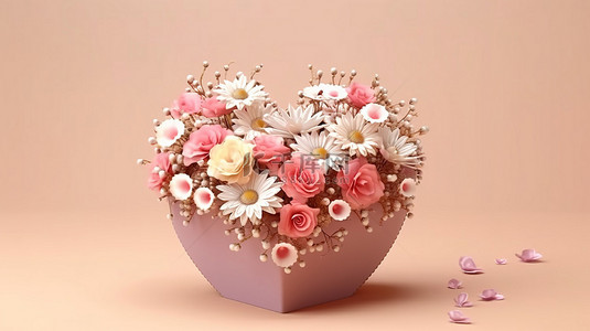 情人节横幅 3D 渲染心形盒子的花卉组合物，配有蝴蝶结和花束
