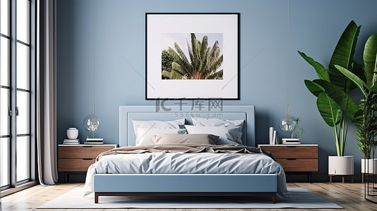 卧室内部配有蓝墙现代植物和木地板上的框架模型 3D 渲染