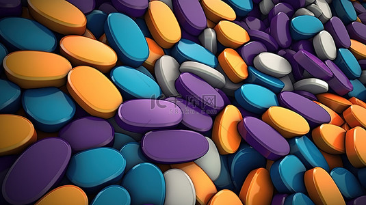 药丸形背景图片_背景上几何图案药丸和胶囊的 3D 插图