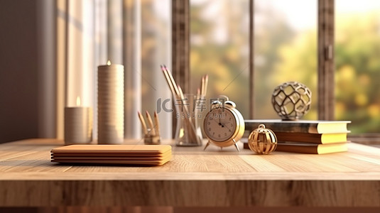 永恒的木桌装饰着文具和充足的白色空间，与模糊的客厅背景 3D 渲染相映衬