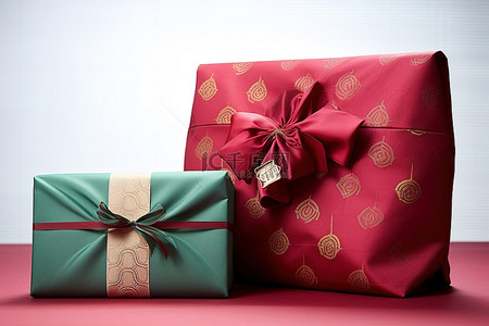 蓝色礼品包装和红色礼品袋