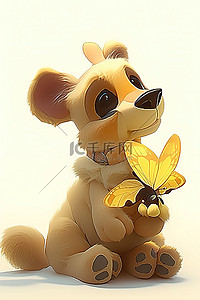 熊黄色背景图片_一只毛绒黄色猎犬，上面附着着一只蝴蝶