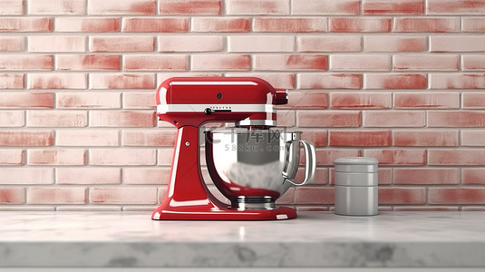 红色食品海报背景图片_厨房支架上红色食品搅拌机的 3D 渲染特写，靠着砖墙，带有空白框架