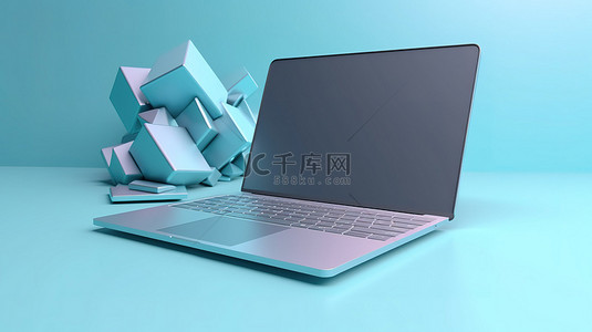 在凉爽的蓝色柔和背景下进行 3D 渲染的计算机笔记本电脑