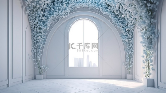 现代设计理念蓝色花朵增强 3D 渲染中的白色拱门墙