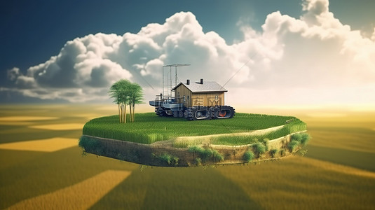 小麦农场浮岛 3D 渲染，以拖拉机无人机和郁郁葱葱的景观中的云为特色