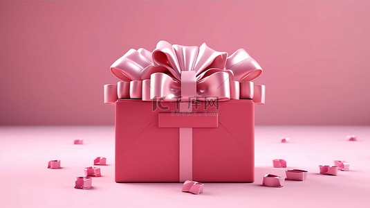 开盖的礼盒背景图片_粉红色礼盒的 3D 渲染，带开盖，饰有粉红色蝴蝶结和丝带