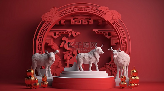新年2021年牛年背景图片_中国农历新年主题展示台 3D 渲染牛年