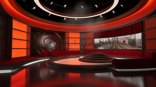 3D 虚拟新闻演播室，墙上有电视，非常适合电视节目