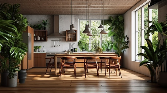 家居食物背景图片_冰岛厨房的 3D 可视化，配有热带木质餐桌，配有食物准备和装饰