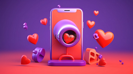 营销卡通背景图片_带有红心和卡通风格智能手机界面的紫色扩音器的 3D 插图