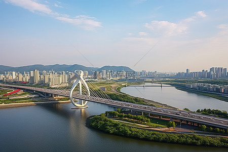 杨浦滨江背景图片_韩国河上桥梁的空中拍摄