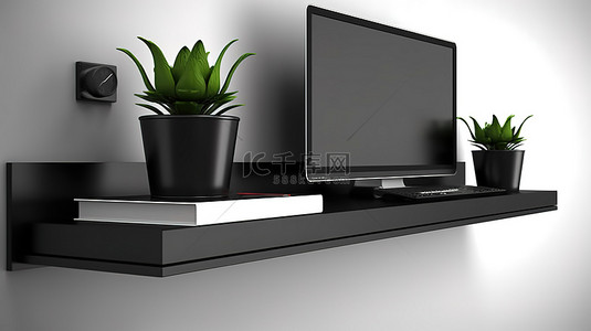 黑色背景互联网背景图片_带 PC 计算机的黑色墙架的 3D 插图