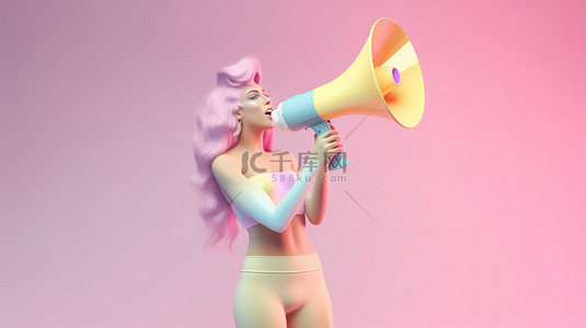 柔和的彩色 3D 女性角色通过扩音器进行交流，具有 3D 渲染的艺术天赋