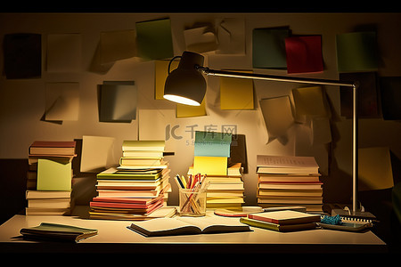 一张桌子，上面有书书和纸一盏灯和一盏灯