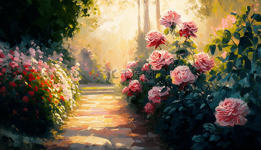 阳光下的芍药花园装饰插画花卉背景
