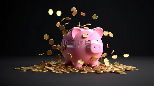发光硬币的 3d 渲染层叠成粉红色的存钱罐，从侧面说明了存钱的概念