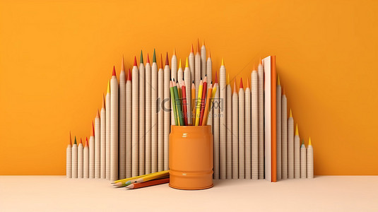 铅笔和课本在充满活力的橙色墙壁上的教育象征主义 3D 渲染
