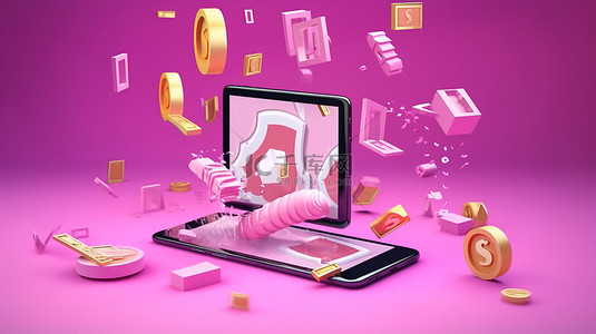 3D移动营销被动收入硬币和纸币漂浮在粉红色背景创意频道订阅多媒体电视