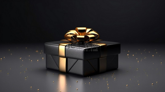 精致的圣诞礼物黑色礼盒，配有金丝带，以 3D 渲染的平坦黑色背景为背景