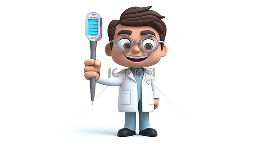 医院背景卡通背景图片_搞笑的动画医生，在空白背景 3D 渲染上有弯曲的手臂和温度计图形